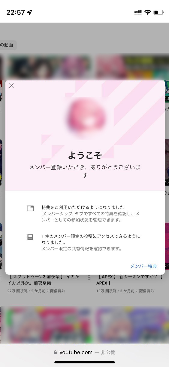 YouTubeメンバーシップの登録が完了した画面